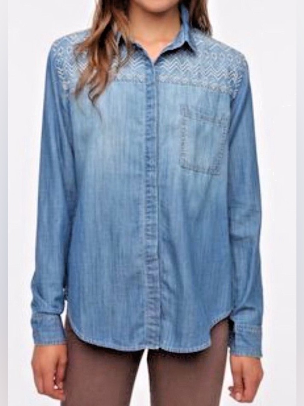 Anthropologie Light Blue Embroidered Denim Button-Up